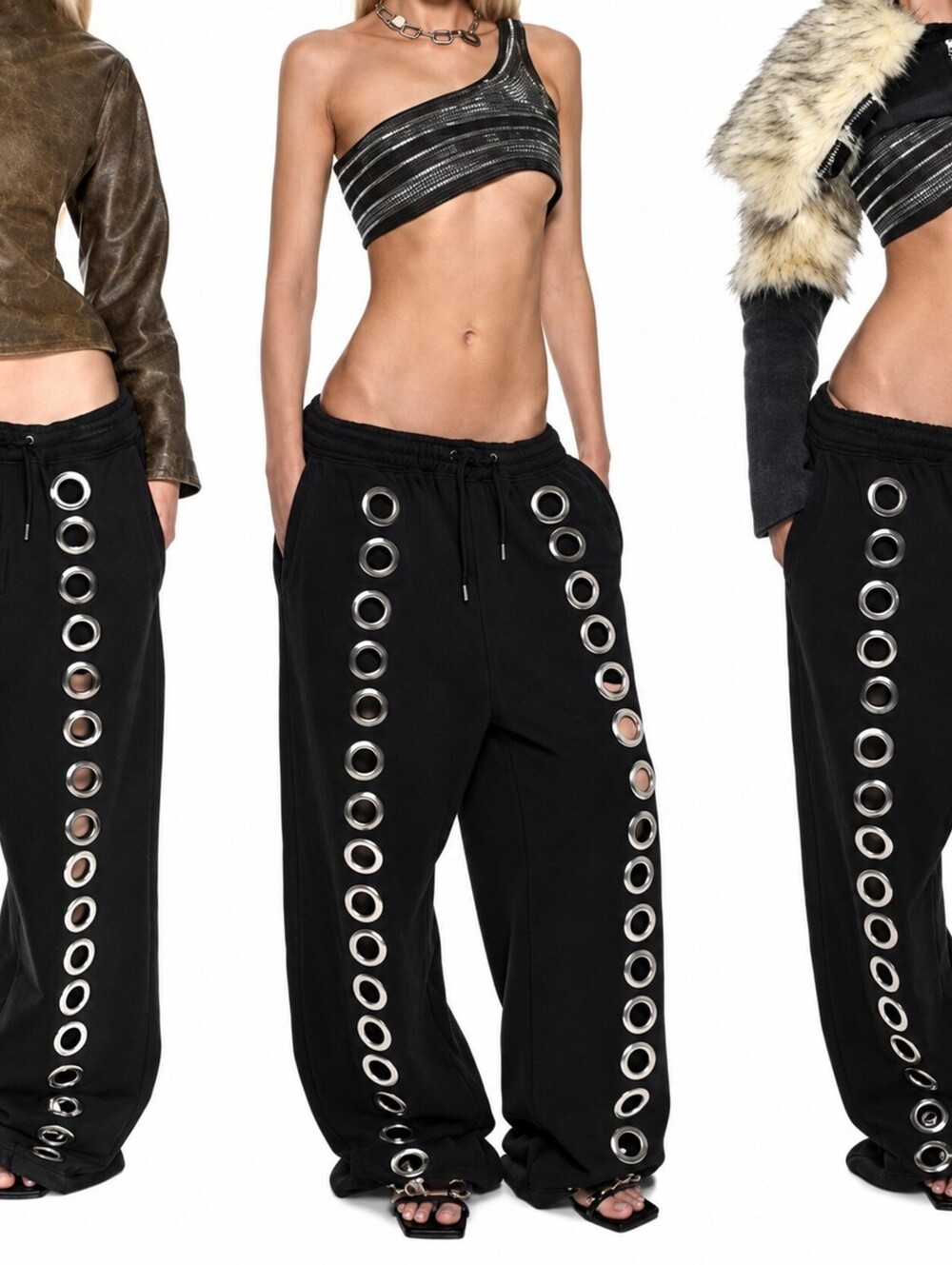 NWT Y2K Black Streetwear Oversized Grommet Wide Leg High Rise Pants Rave Grunge - Picture 3 of 15